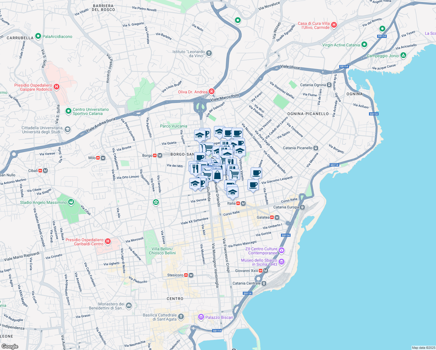 map of restaurants, bars, coffee shops, grocery stores, and more near 9 Via Vicenza in Catania