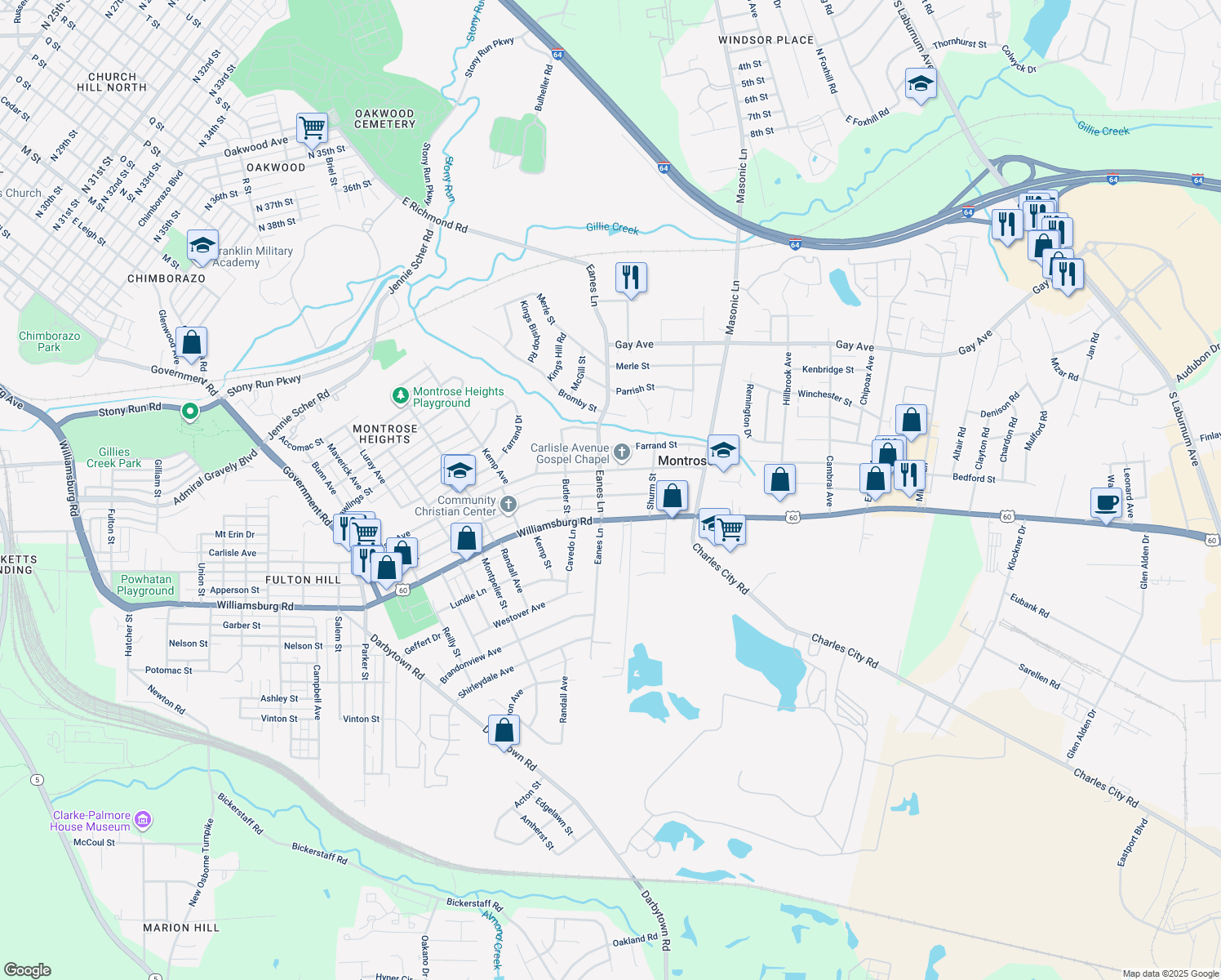 map of restaurants, bars, coffee shops, grocery stores, and more near 2504 National Street in Richmond