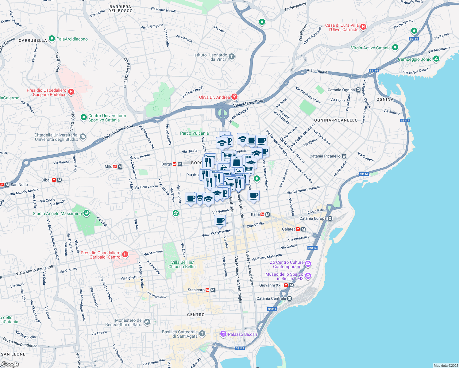map of restaurants, bars, coffee shops, grocery stores, and more near 78 Via Vincenzo Giuffrida in Catania