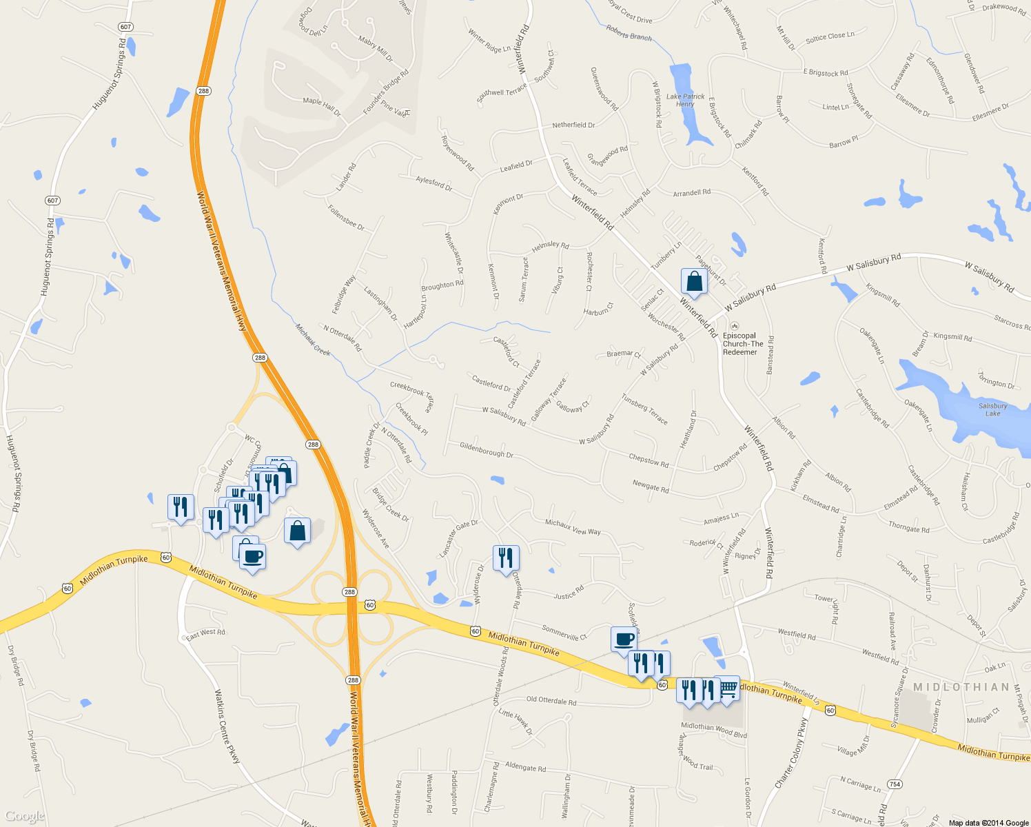 map of restaurants, bars, coffee shops, grocery stores, and more near 2101 Castleford Terrace in Midlothian