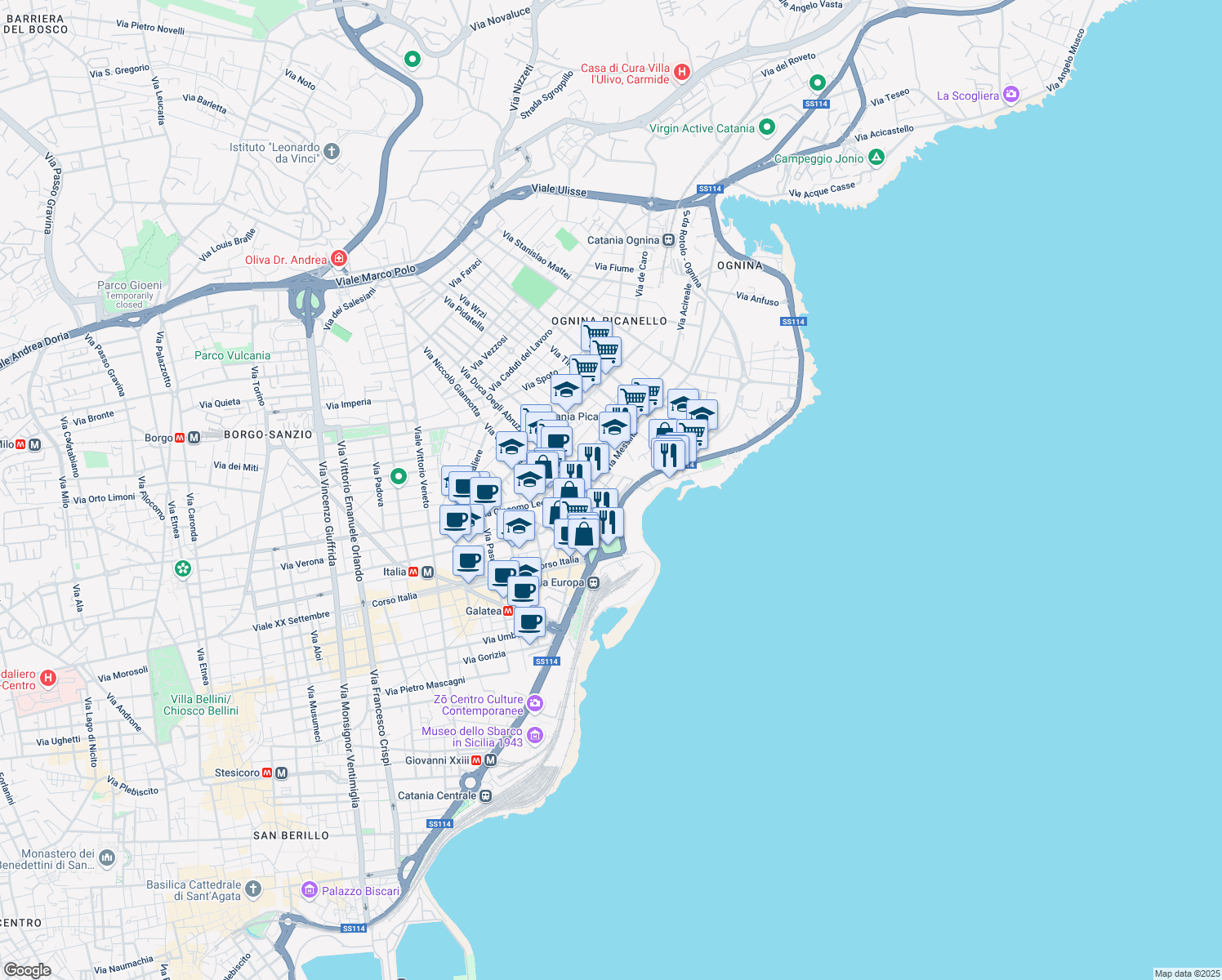 map of restaurants, bars, coffee shops, grocery stores, and more near 24 Via Parramuto in Catania