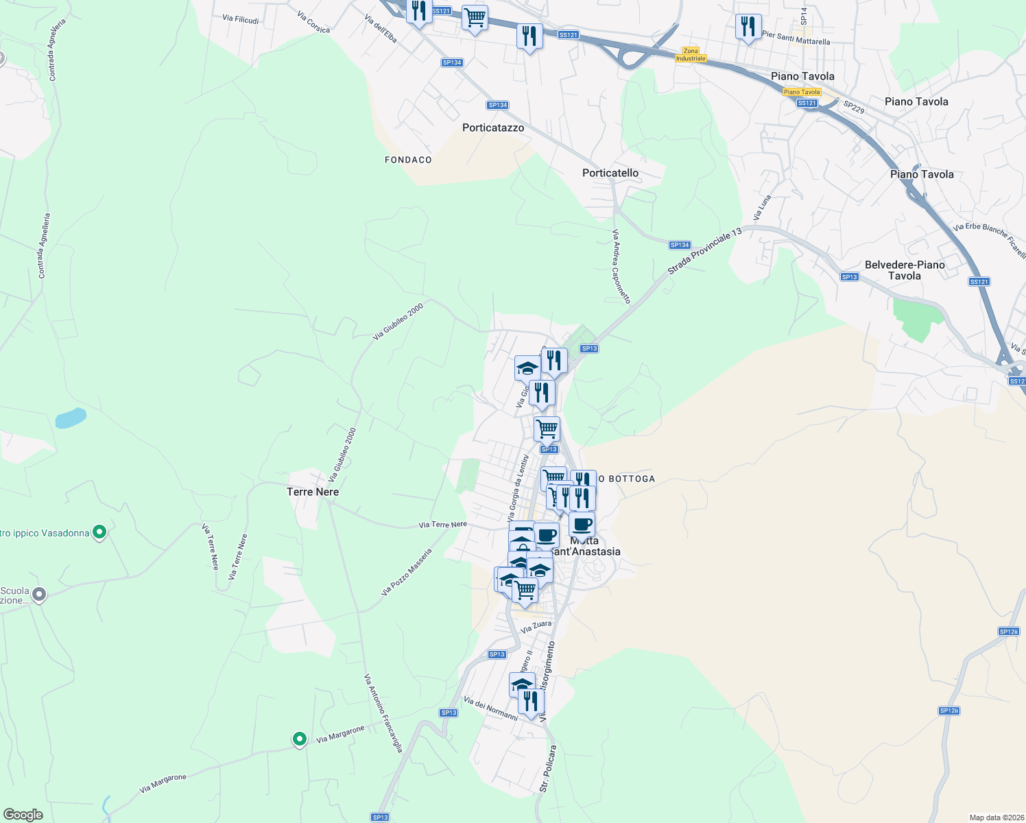 map of restaurants, bars, coffee shops, grocery stores, and more near 3 Via Giovanni Grasso in Motta Sant'Anastasia