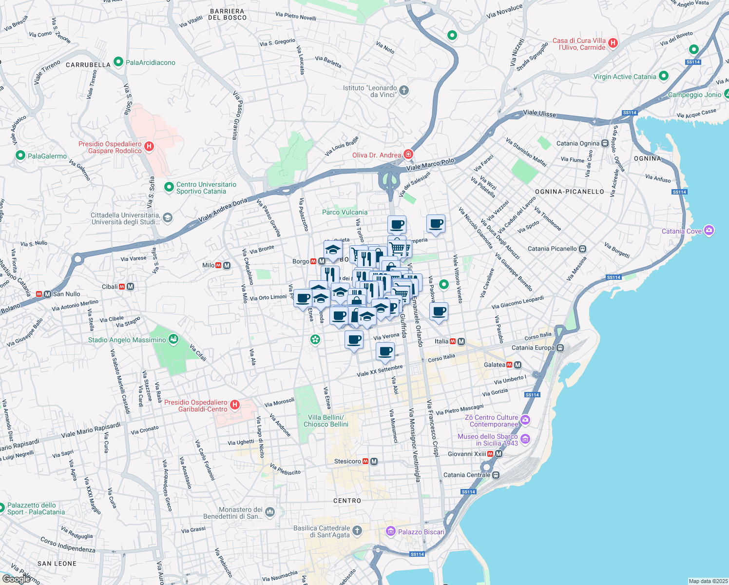 map of restaurants, bars, coffee shops, grocery stores, and more near 224 Via Matteo Renato Imbriani in Catania