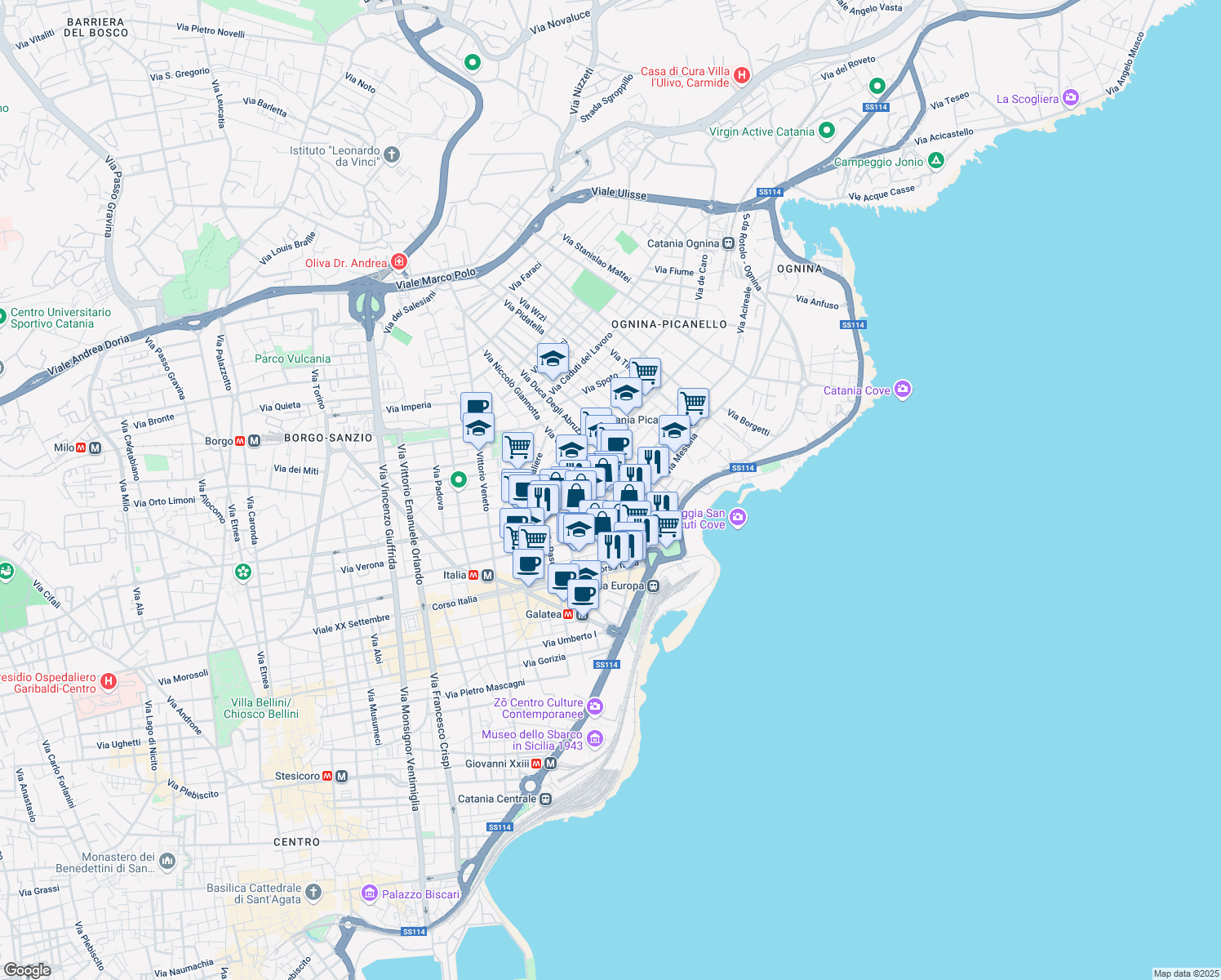 map of restaurants, bars, coffee shops, grocery stores, and more near 18 Via Principe Nicola in Catania