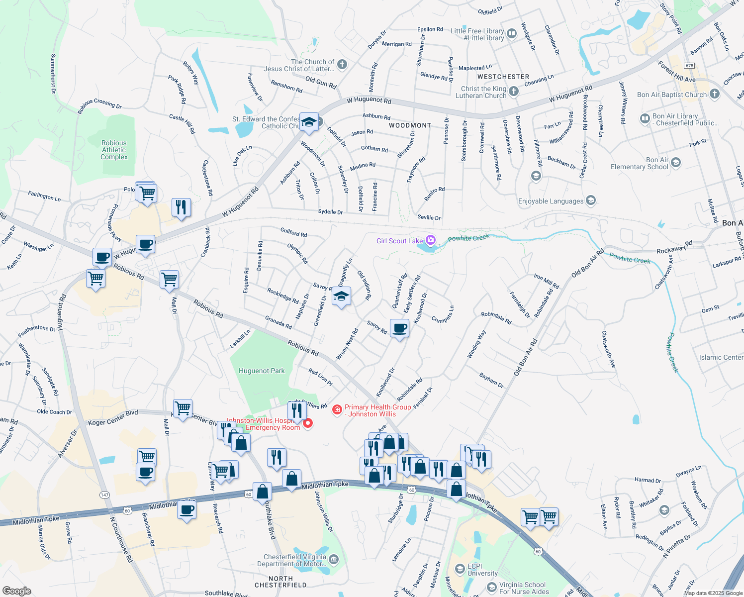 map of restaurants, bars, coffee shops, grocery stores, and more near 2129 Old Indian Road in Richmond