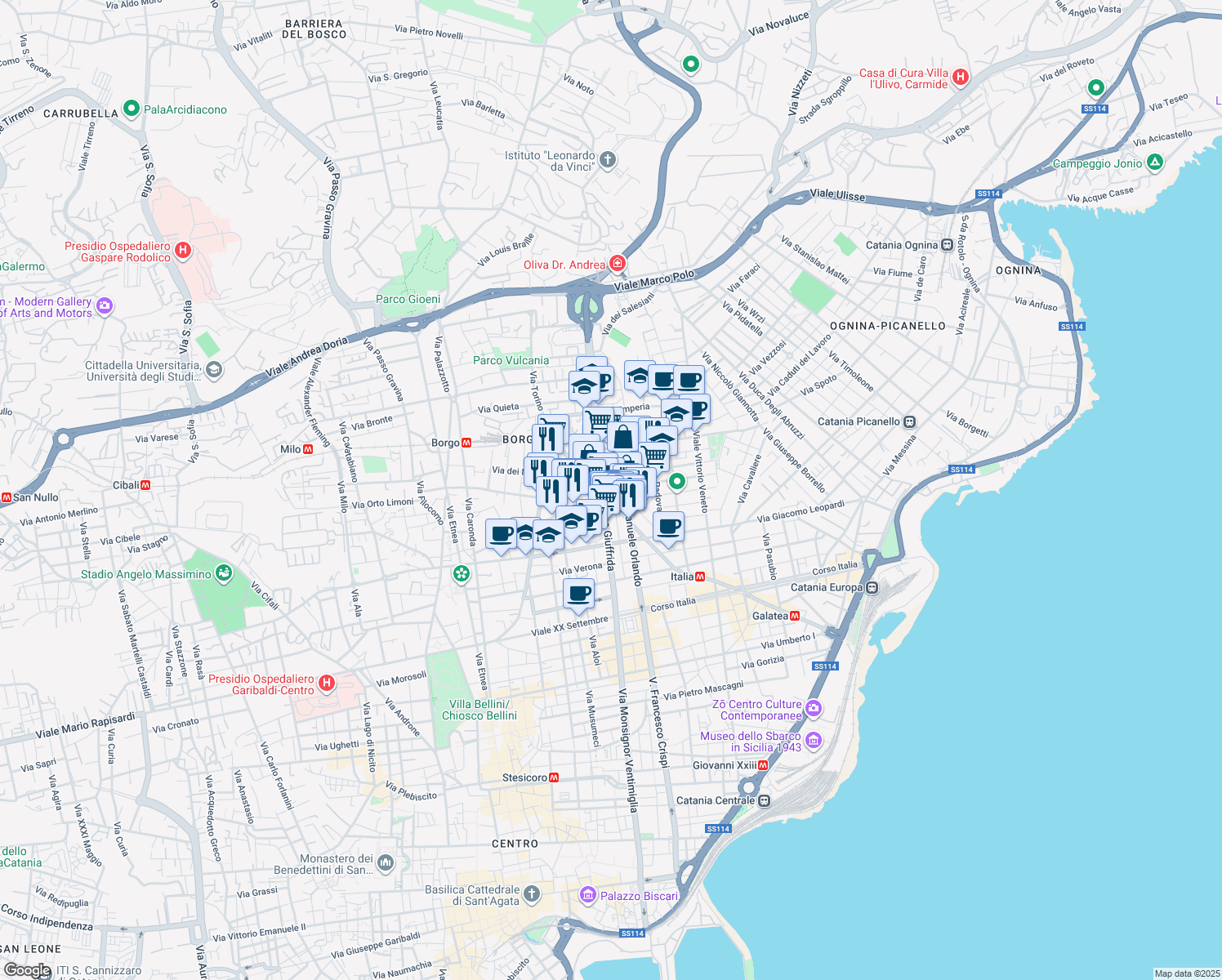 map of restaurants, bars, coffee shops, grocery stores, and more near 78 Via Vincenzo Giuffrida in Catania