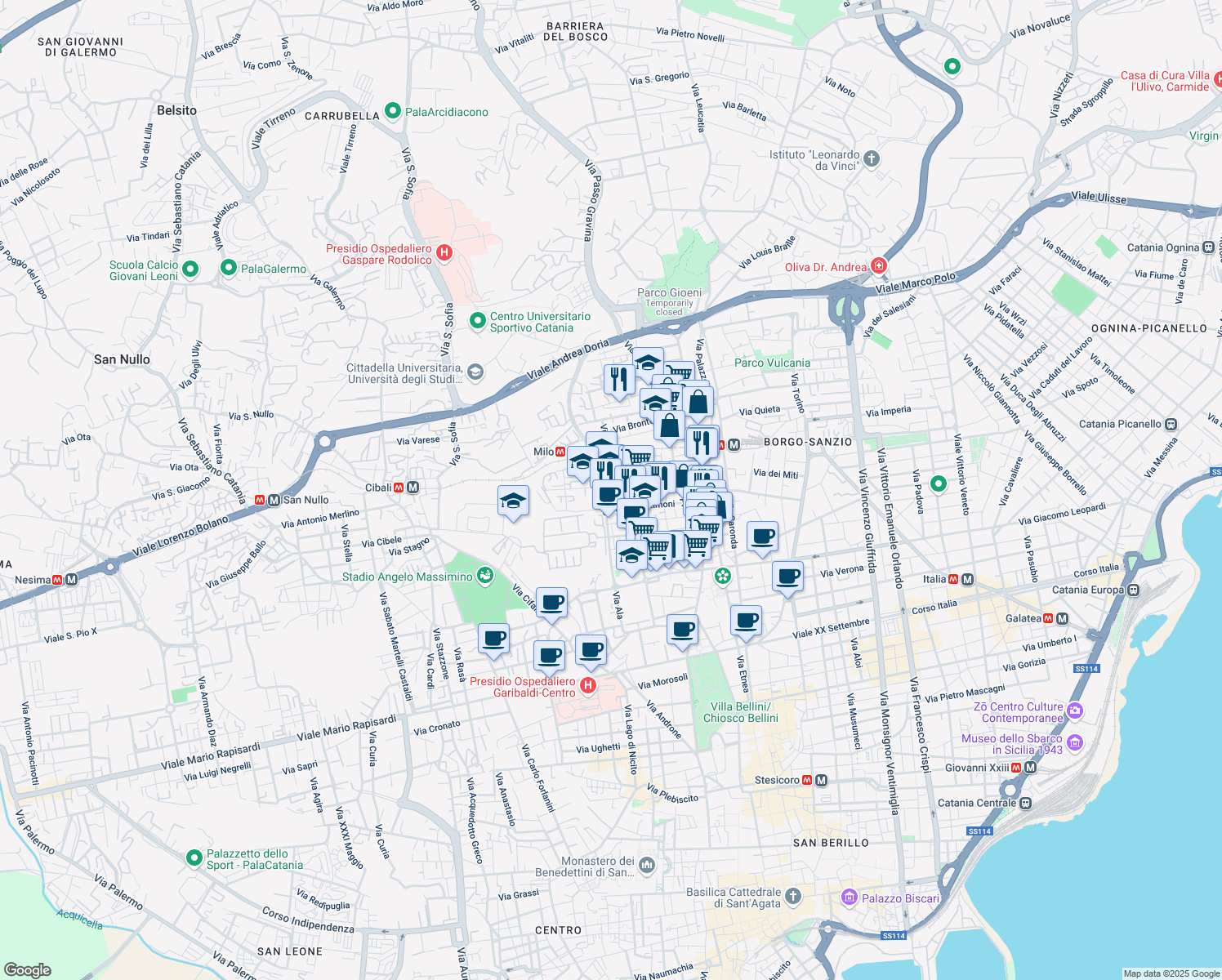 map of restaurants, bars, coffee shops, grocery stores, and more near 13 Via Milo in Catania
