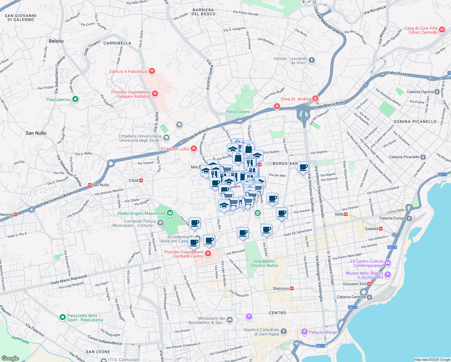 map of restaurants, bars, coffee shops, grocery stores, and more near 37-55 Via Orto Limoni in Catania