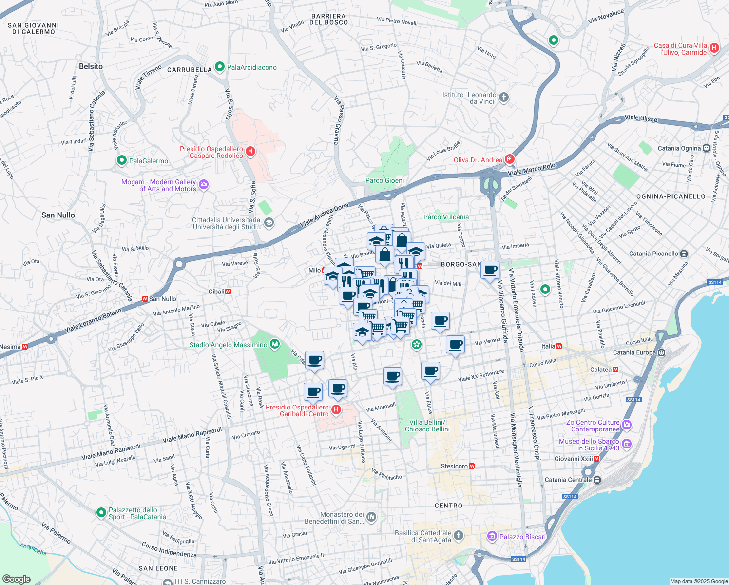 map of restaurants, bars, coffee shops, grocery stores, and more near 37-55 Via Orto Limoni in Catania