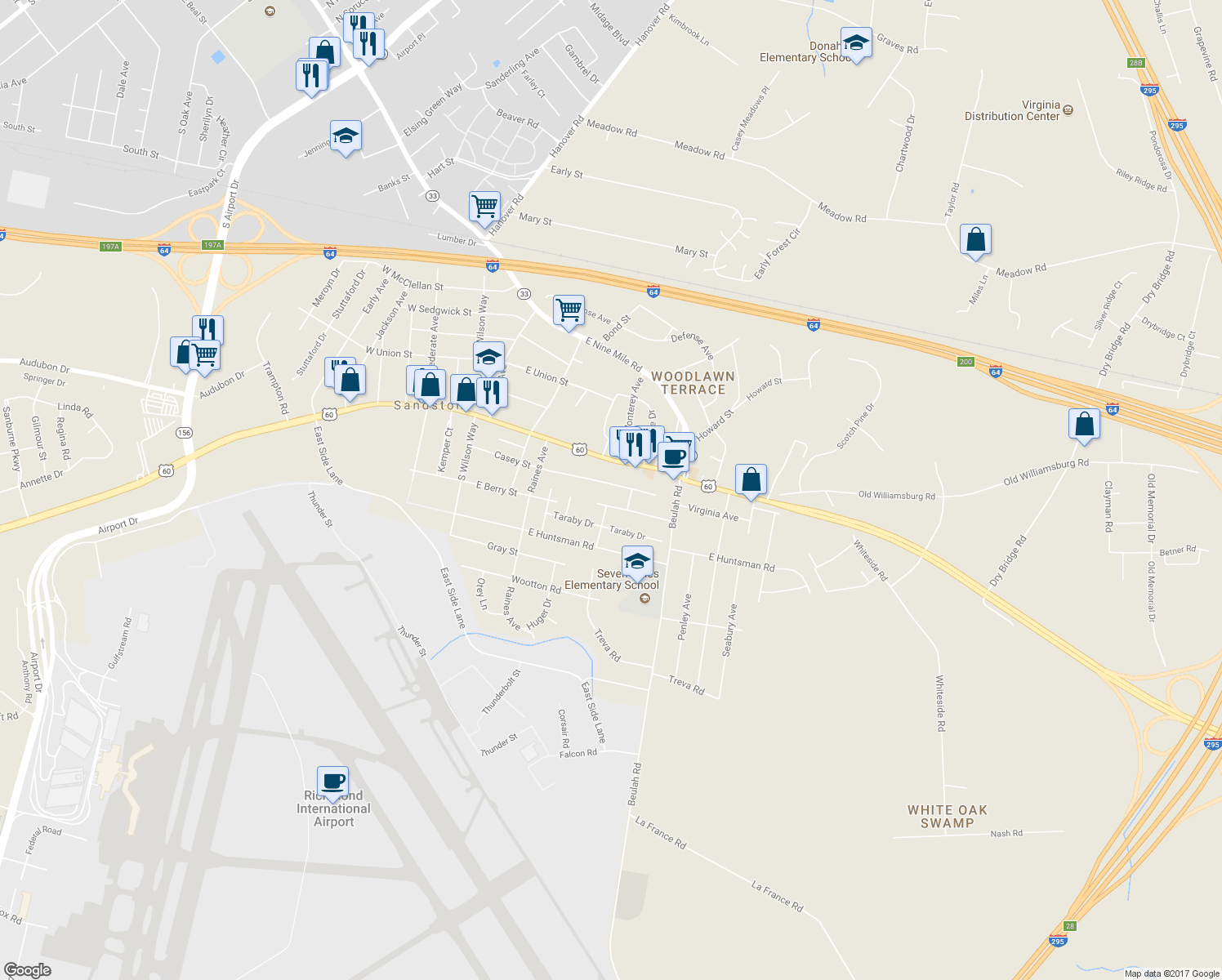 map of restaurants, bars, coffee shops, grocery stores, and more near 317 Casey Street in Sandston