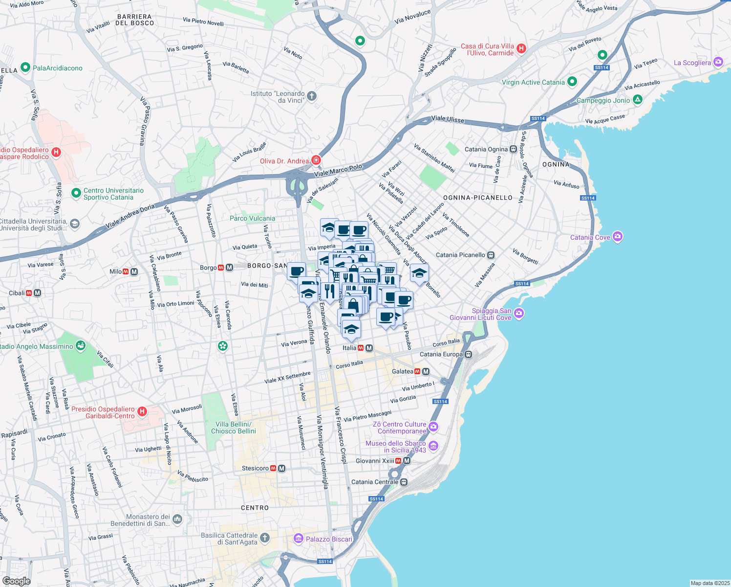 map of restaurants, bars, coffee shops, grocery stores, and more near 14-26 Via Vicenza in Catania