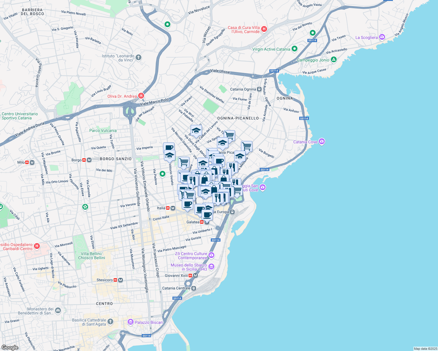 map of restaurants, bars, coffee shops, grocery stores, and more near 12-18 Via Principe Nicola in Catania