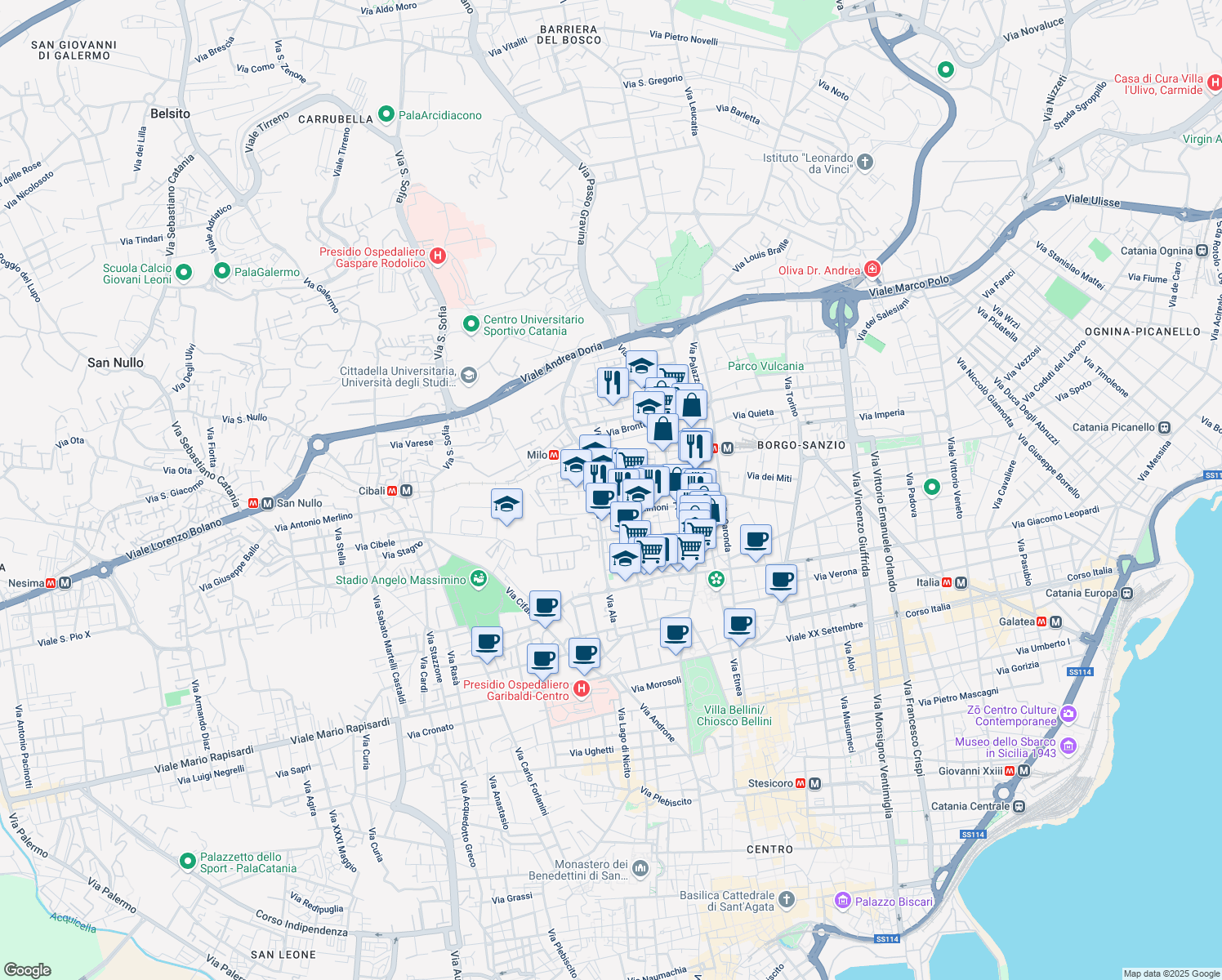 map of restaurants, bars, coffee shops, grocery stores, and more near 13 Via Milo in Catania
