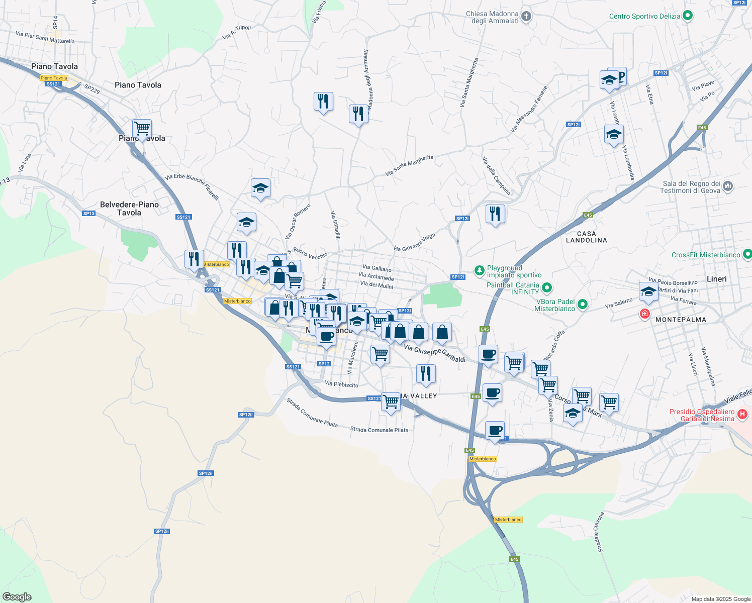 map of restaurants, bars, coffee shops, grocery stores, and more near 245 Via Marchese in Misterbianco