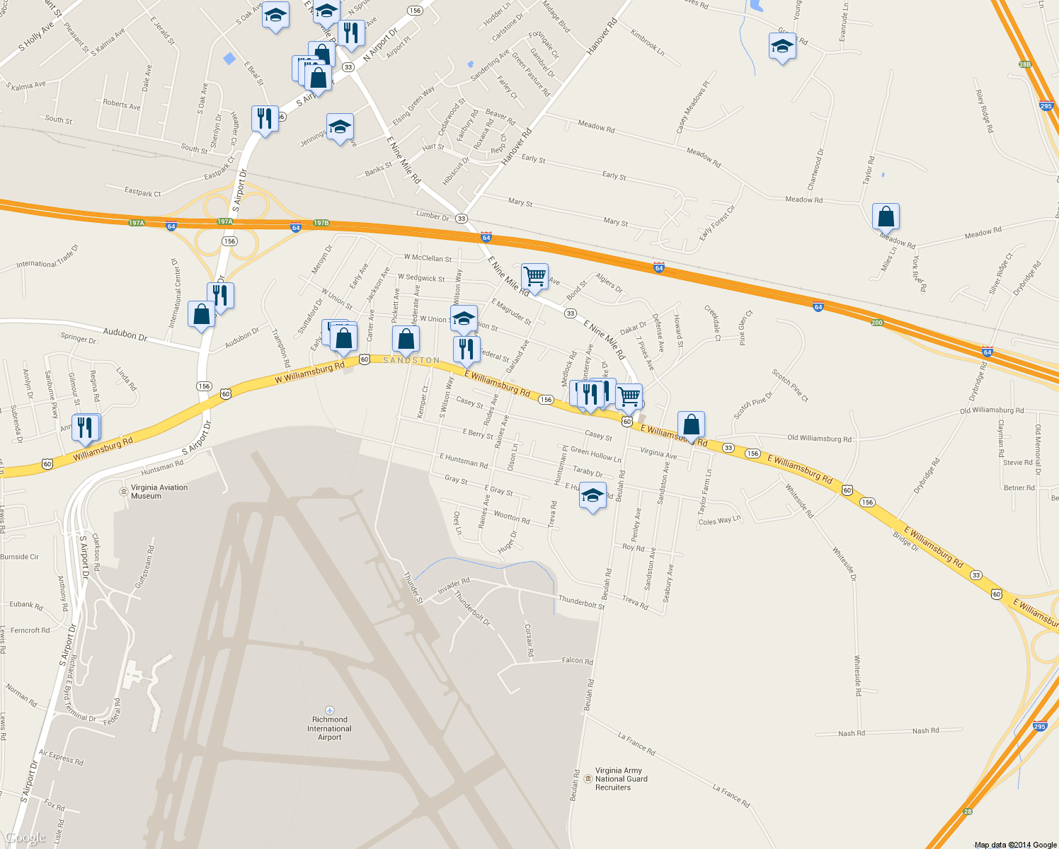 map of restaurants, bars, coffee shops, grocery stores, and more near 217 Casey Street in Sandston