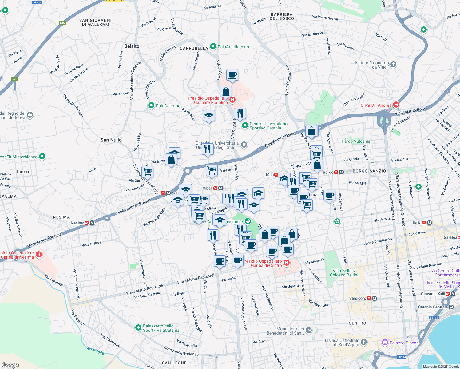 map of restaurants, bars, coffee shops, grocery stores, and more near 34 Via della Sorgiva in Catania