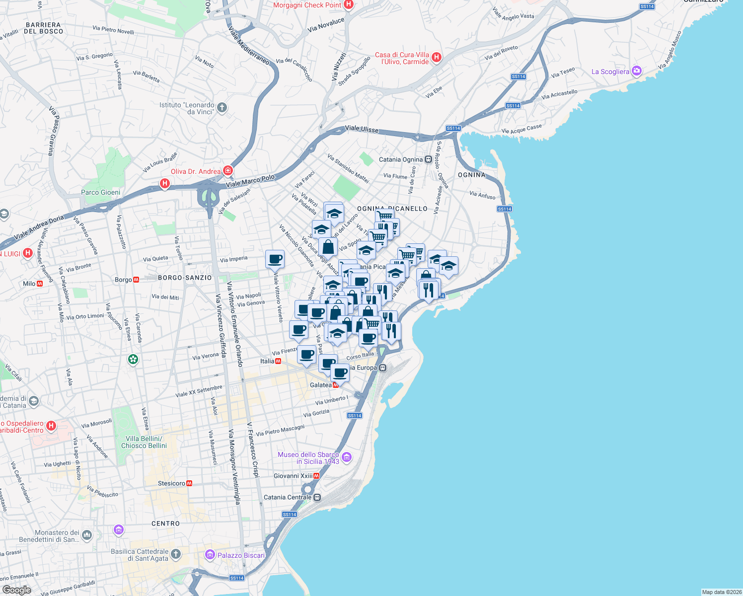 map of restaurants, bars, coffee shops, grocery stores, and more near 55 Via Principe Nicola in Catania