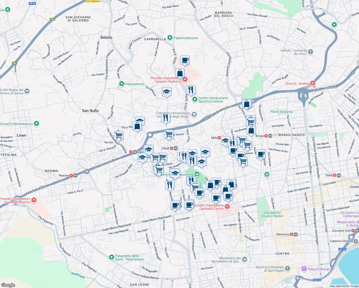 map of restaurants, bars, coffee shops, grocery stores, and more near 34 Via della Sorgiva in Catania