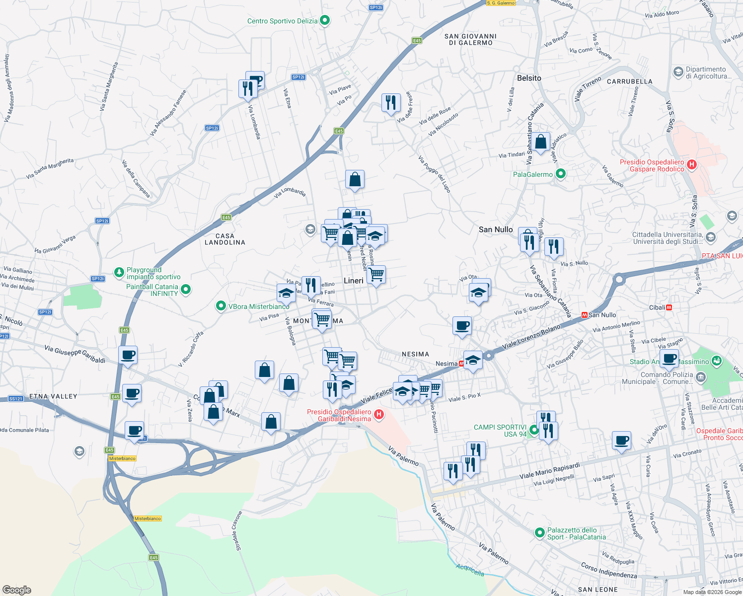 map of restaurants, bars, coffee shops, grocery stores, and more near 21 Via Rosina Anselmi in Lineri