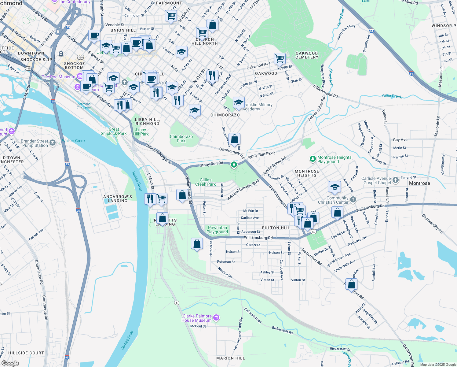 map of restaurants, bars, coffee shops, grocery stores, and more near 917 Old Nicholson Street in Richmond