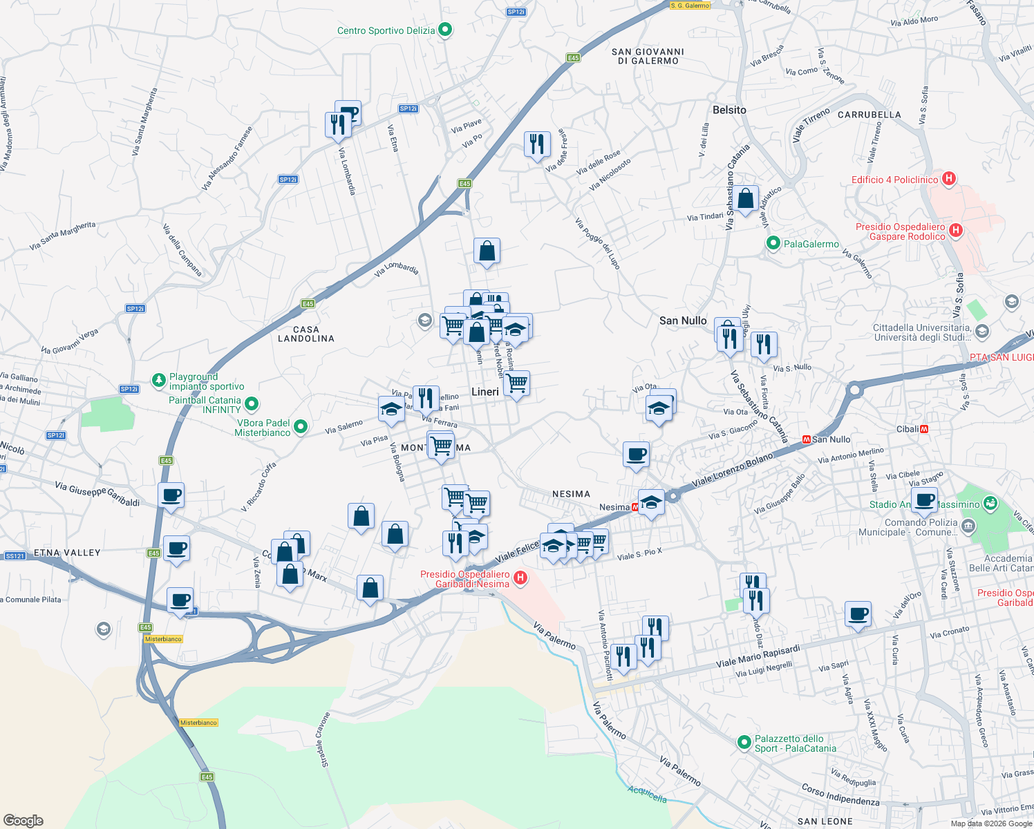 map of restaurants, bars, coffee shops, grocery stores, and more near 21 Via Rosina Anselmi in Lineri