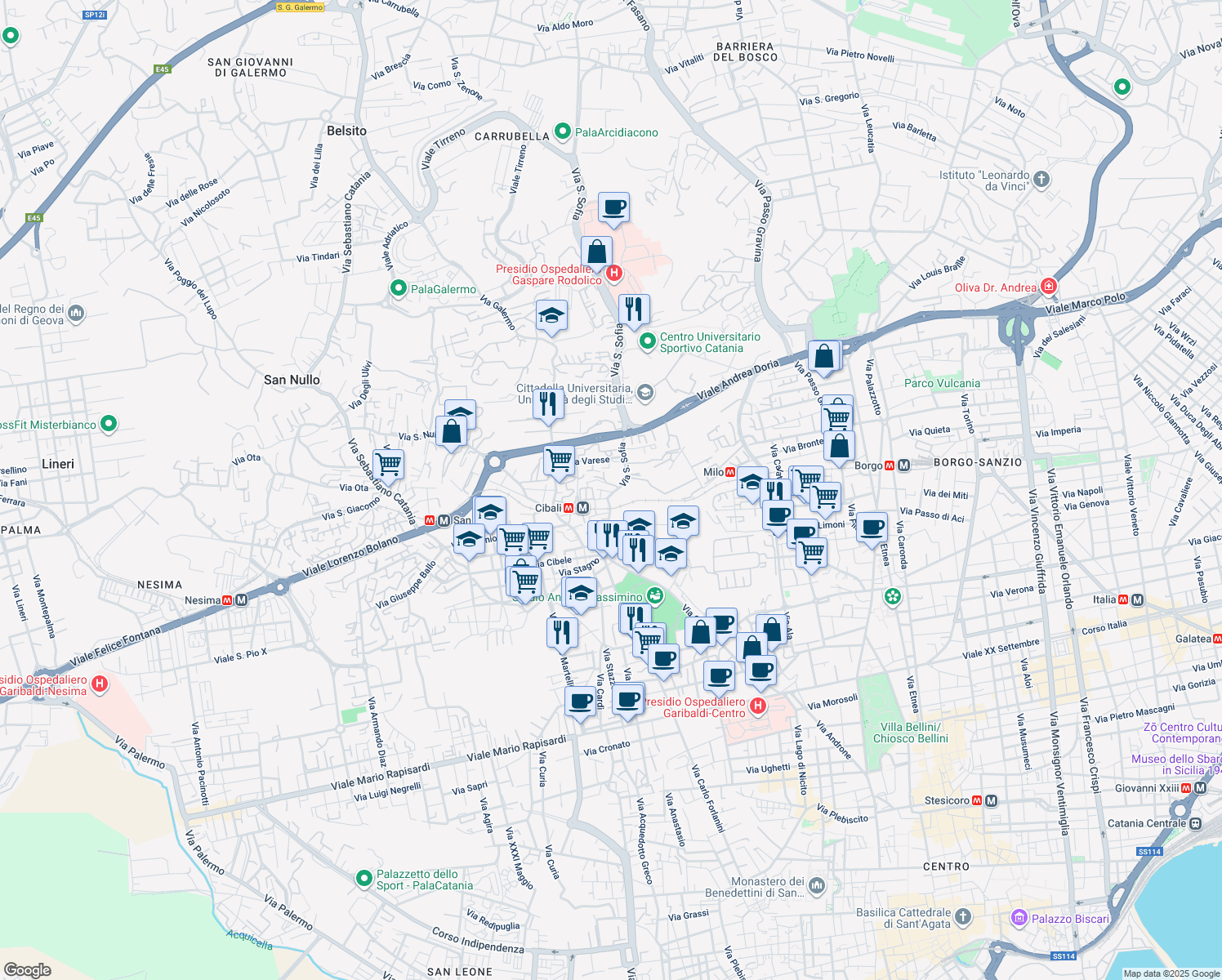 map of restaurants, bars, coffee shops, grocery stores, and more near 34 Via della Sorgiva in Catania