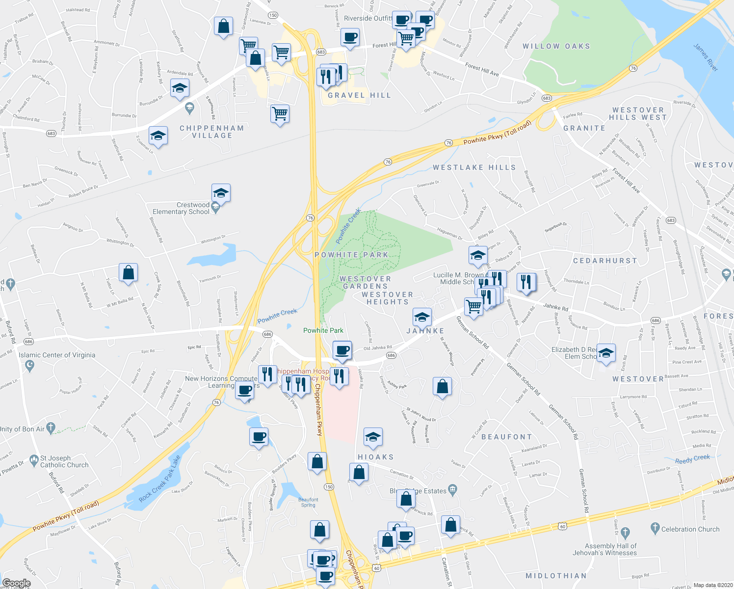 map of restaurants, bars, coffee shops, grocery stores, and more near 6831 Westcott Drive in Richmond