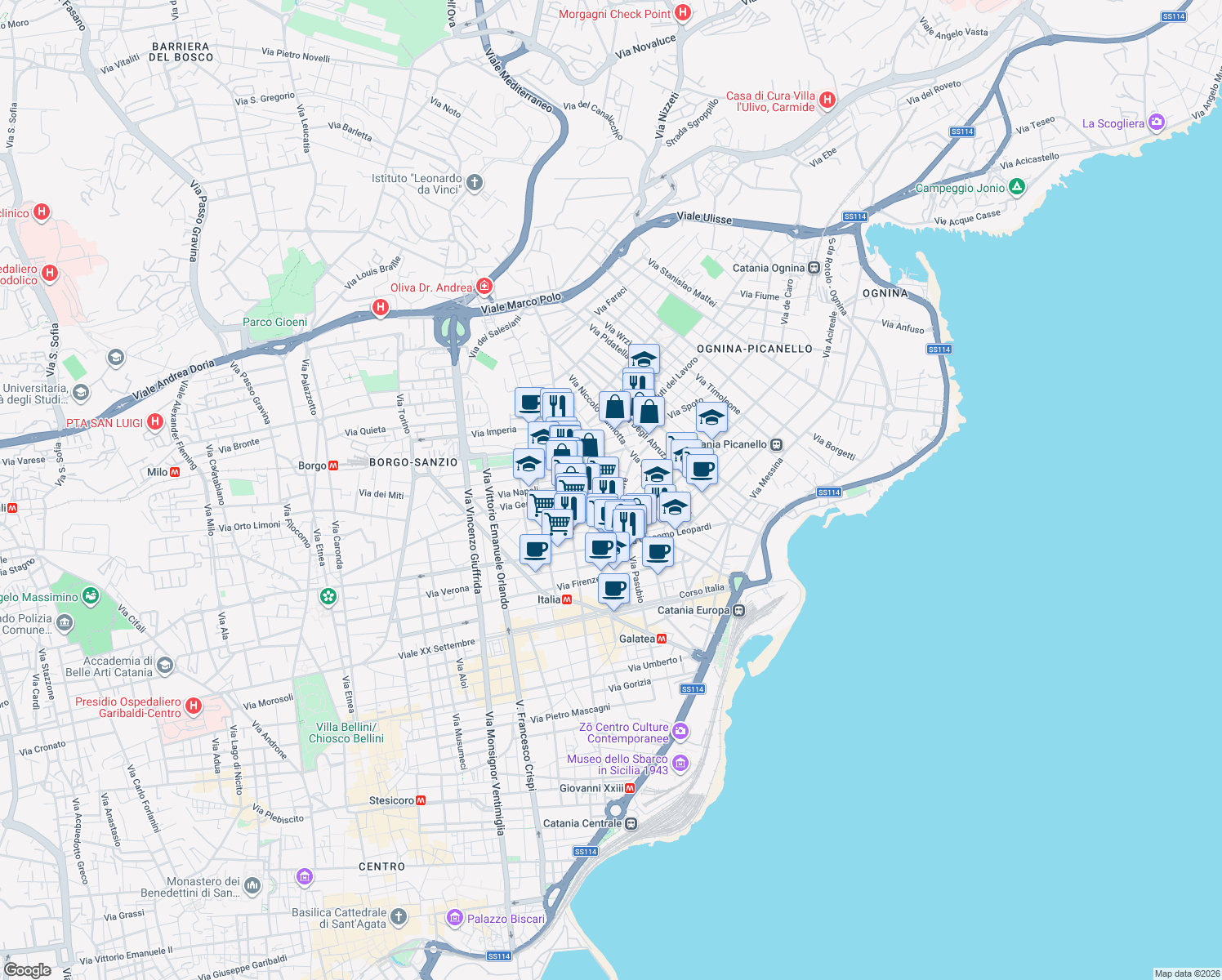 map of restaurants, bars, coffee shops, grocery stores, and more near 34-42 Via Sonnino in Catania