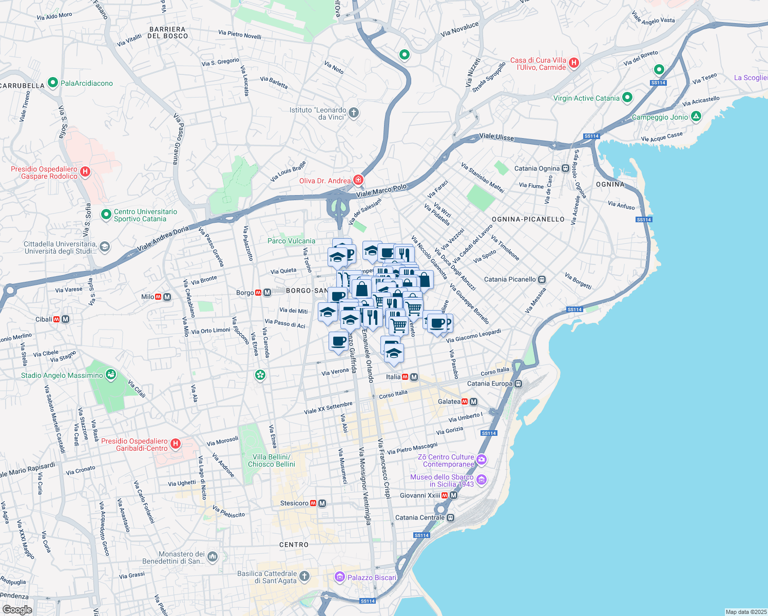 map of restaurants, bars, coffee shops, grocery stores, and more near 68 Via Cagliari in Catania
