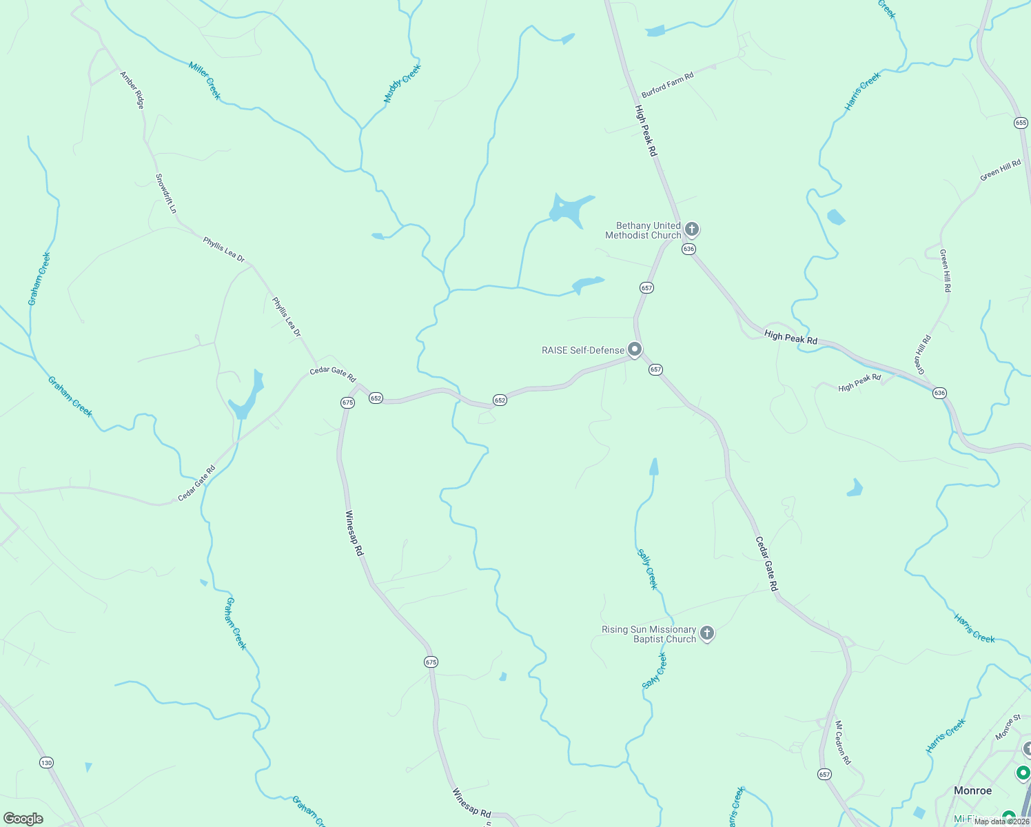 map of restaurants, bars, coffee shops, grocery stores, and more near 1319 Cedar Gate Road in Monroe