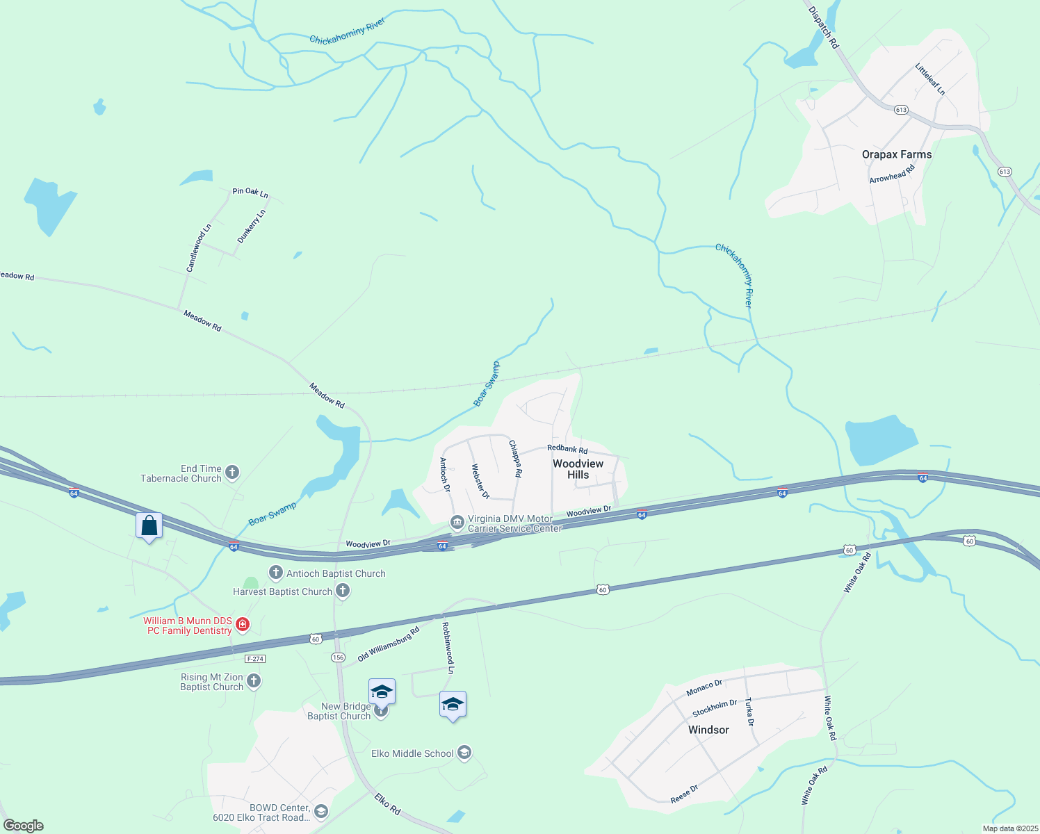 map of restaurants, bars, coffee shops, grocery stores, and more near 4206 Booth Drive in Sandston