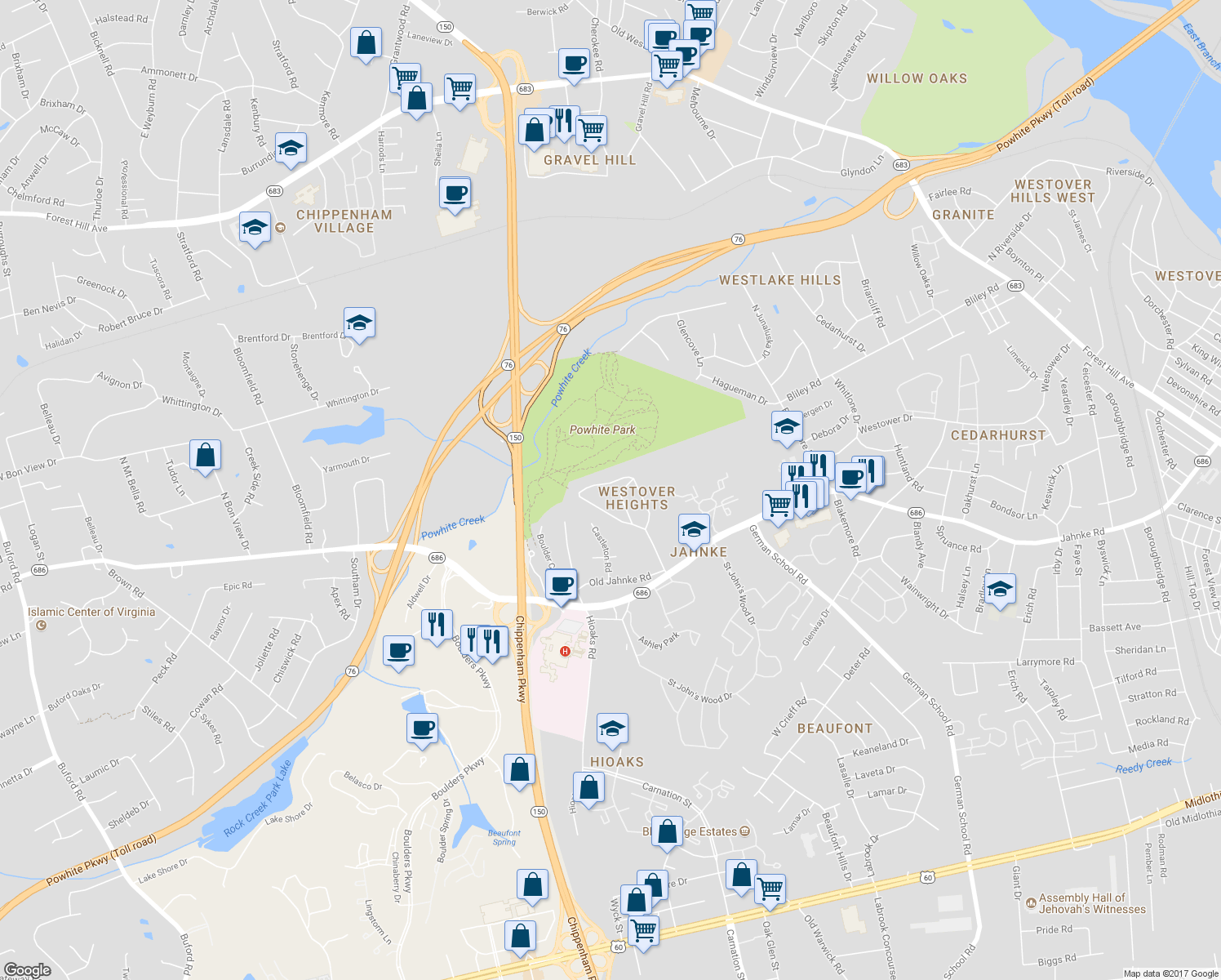 map of restaurants, bars, coffee shops, grocery stores, and more near 6821 Westcott Drive in Richmond