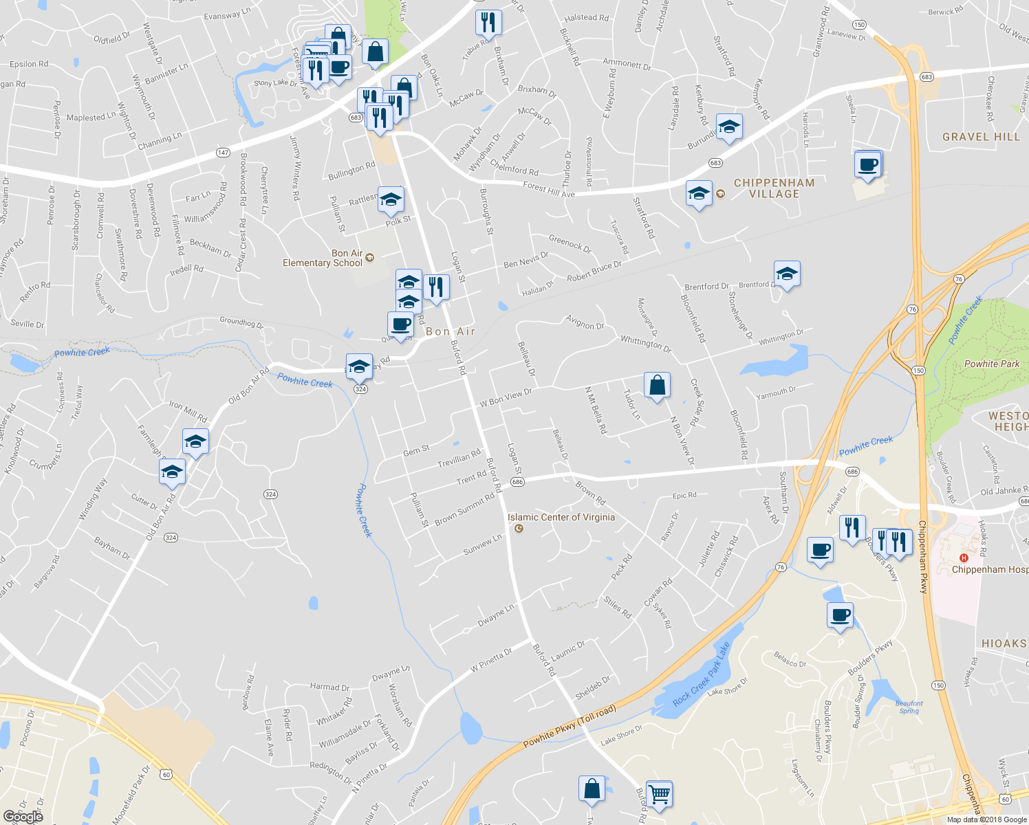 map of restaurants, bars, coffee shops, grocery stores, and more near 1611 Logan Street in Bon Air