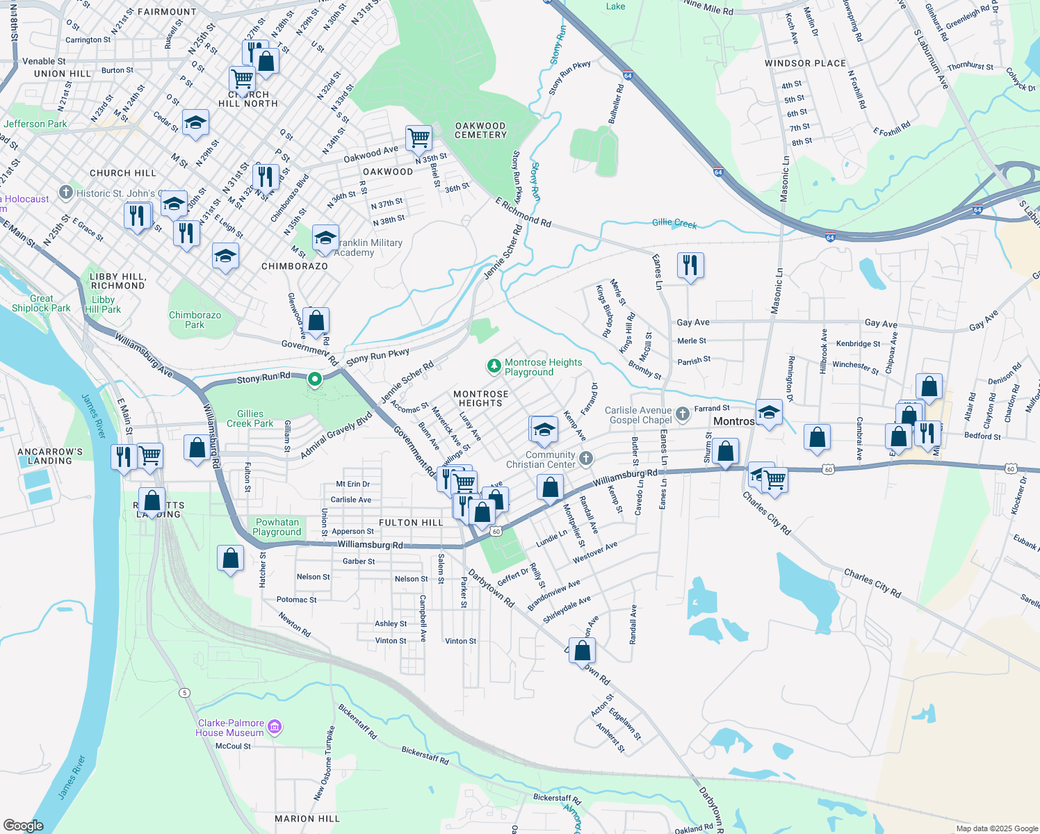 map of restaurants, bars, coffee shops, grocery stores, and more near 2021 Rawlings Street in Richmond
