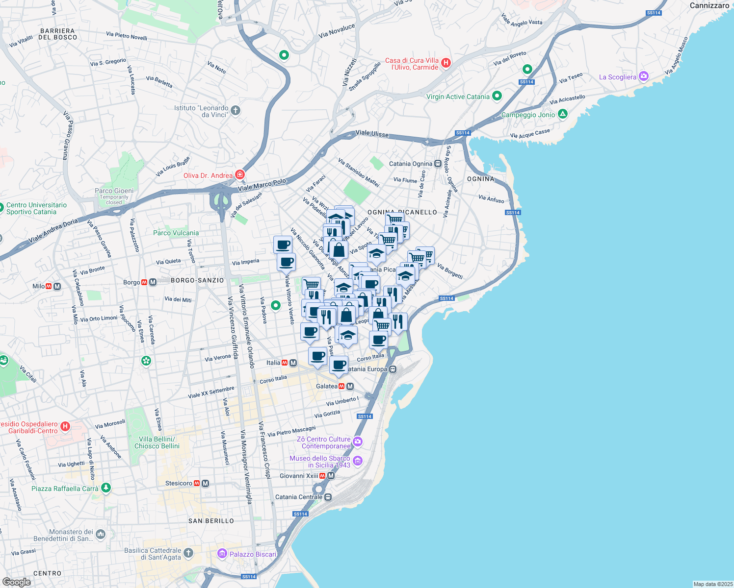map of restaurants, bars, coffee shops, grocery stores, and more near 30 Via Duca degli Abruzzi in Catania