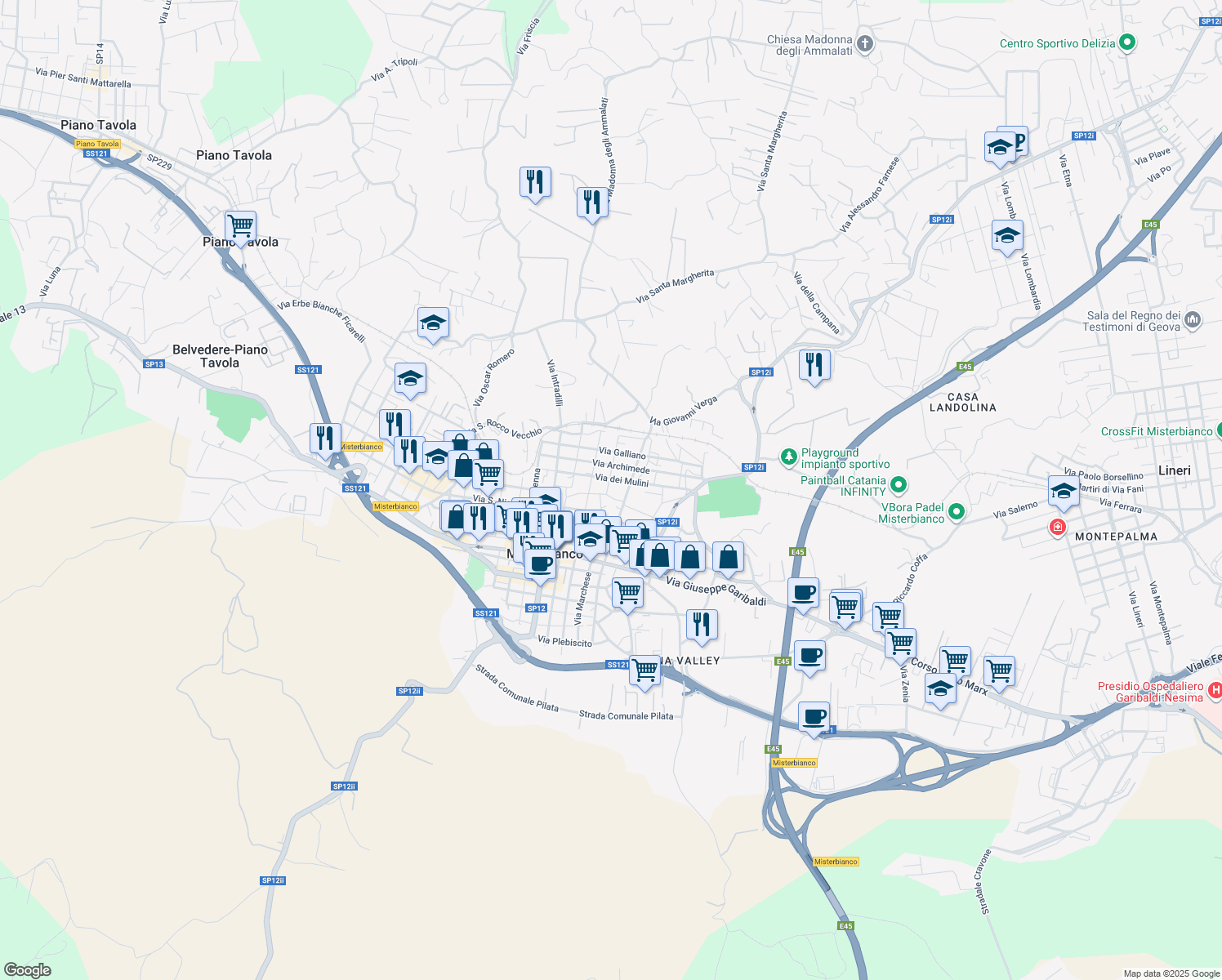 map of restaurants, bars, coffee shops, grocery stores, and more near 245 Via Marchese in Misterbianco