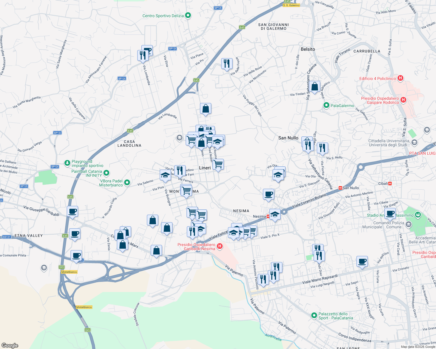 map of restaurants, bars, coffee shops, grocery stores, and more near 21 Via Rosina Anselmi in Belpasso