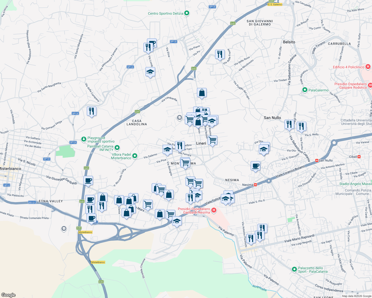 map of restaurants, bars, coffee shops, grocery stores, and more near 52 Via Martiri di Via Fani in Misterbianco