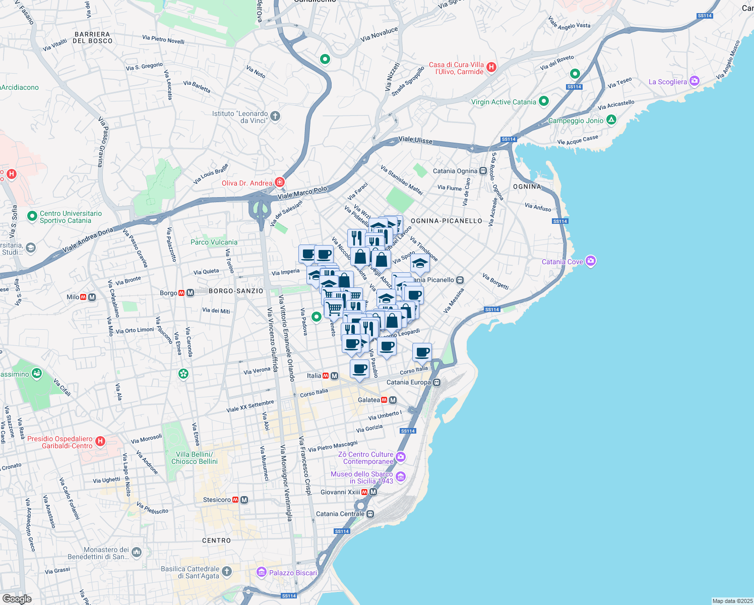 map of restaurants, bars, coffee shops, grocery stores, and more near 20 Via Falsaperla in Catania