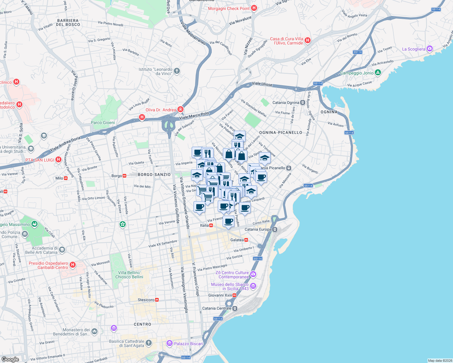 map of restaurants, bars, coffee shops, grocery stores, and more near 42 Via Sonnino in Catania