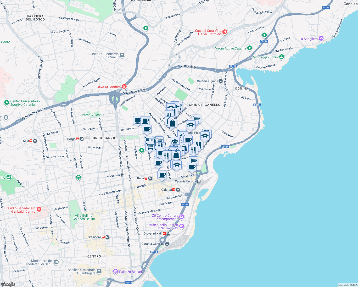 map of restaurants, bars, coffee shops, grocery stores, and more near 85 Via Antonio Santangelo Fulci in Catania