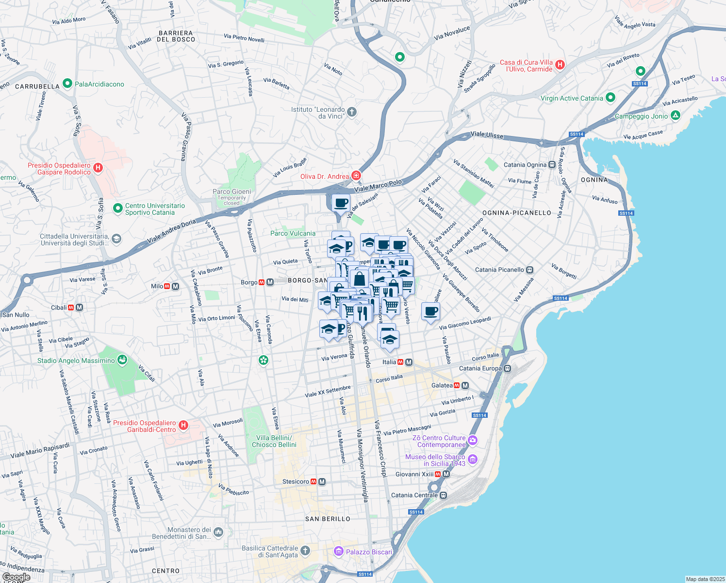map of restaurants, bars, coffee shops, grocery stores, and more near 50-58 Via Cagliari in Catania