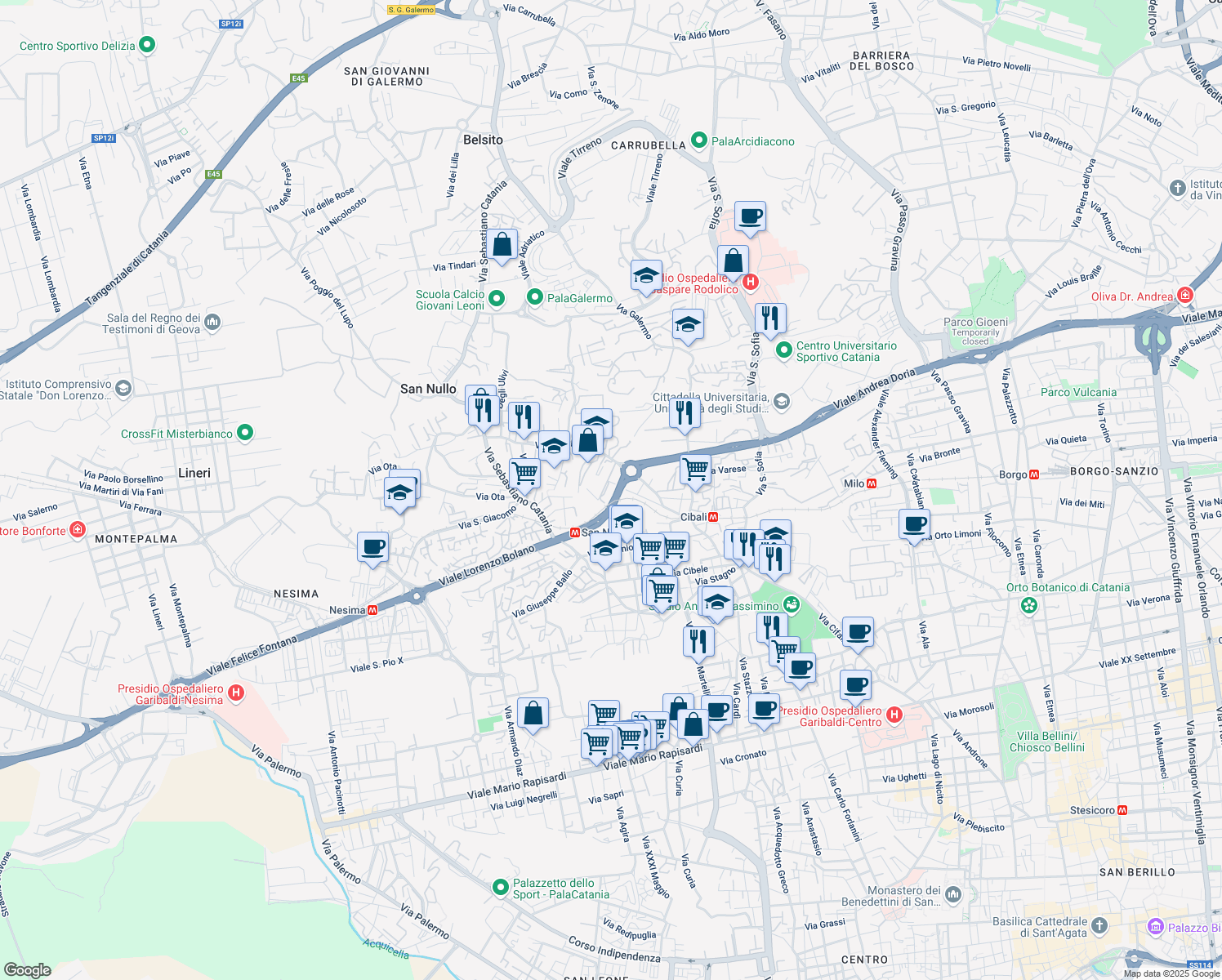 map of restaurants, bars, coffee shops, grocery stores, and more near 5 Via San Nullo in Catania