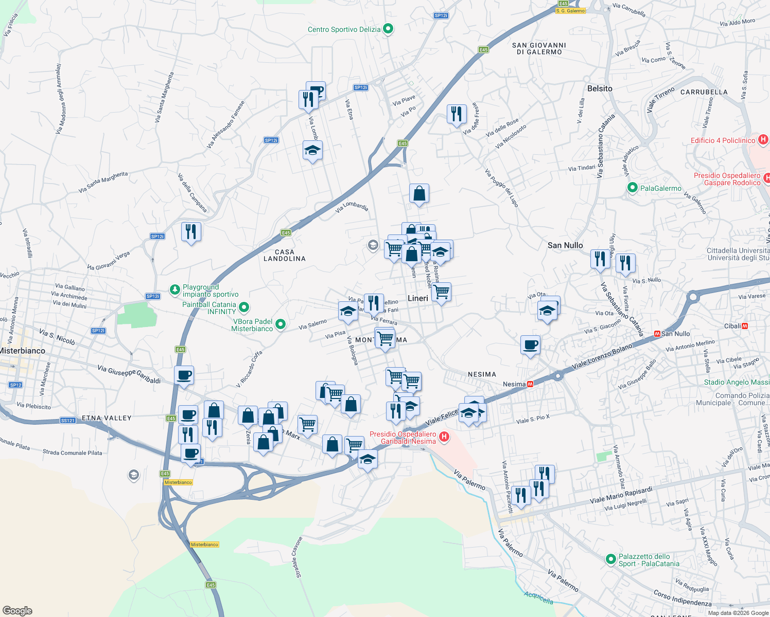 map of restaurants, bars, coffee shops, grocery stores, and more near 52 Via Martiri di Via Fani in Lineri