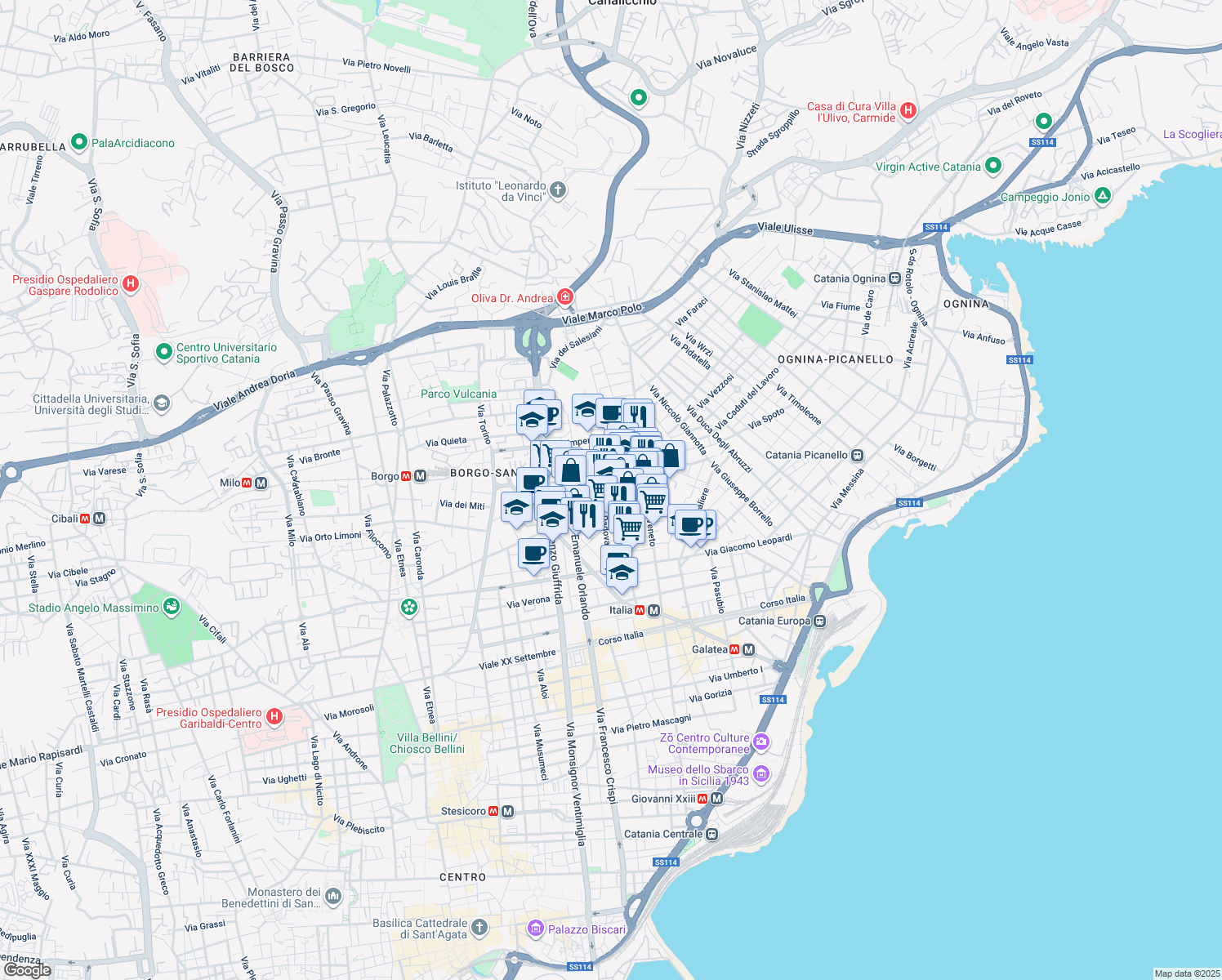 map of restaurants, bars, coffee shops, grocery stores, and more near 68 Via Cagliari in Catania