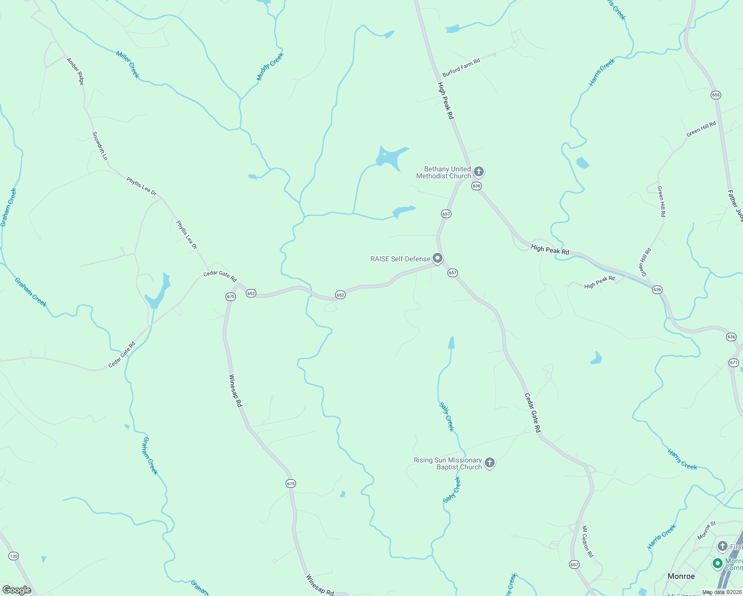 map of restaurants, bars, coffee shops, grocery stores, and more near 1319 Cedar Gate Road in Monroe