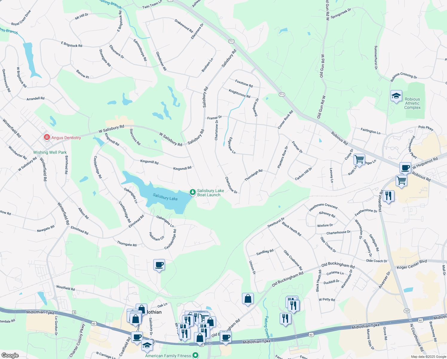map of restaurants, bars, coffee shops, grocery stores, and more near 2050 Chartstone Dr in Midlothian