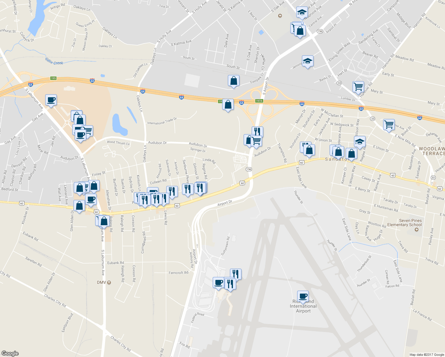map of restaurants, bars, coffee shops, grocery stores, and more near 5724 Linda Road in Sandston