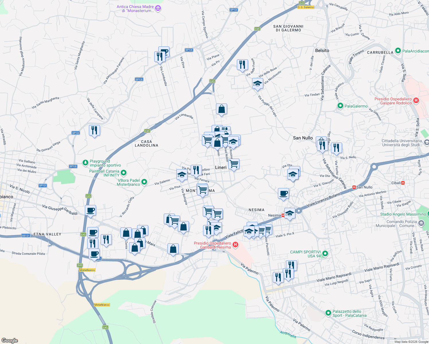 map of restaurants, bars, coffee shops, grocery stores, and more near 35 Via Martiri di Via Fani in Lineri