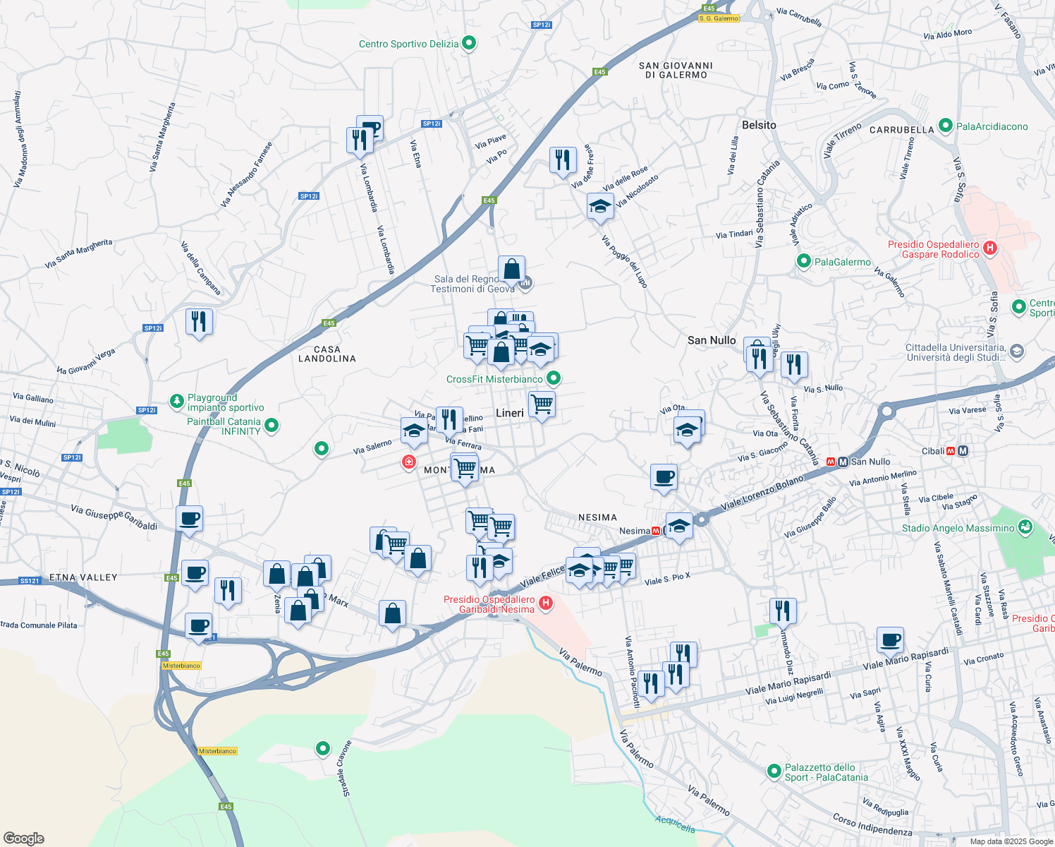 map of restaurants, bars, coffee shops, grocery stores, and more near 60 Via Lenin in Misterbianco